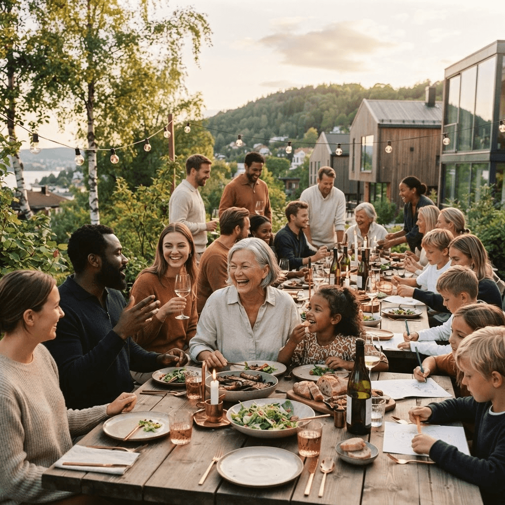Families and neighbours gathering around a shared table
