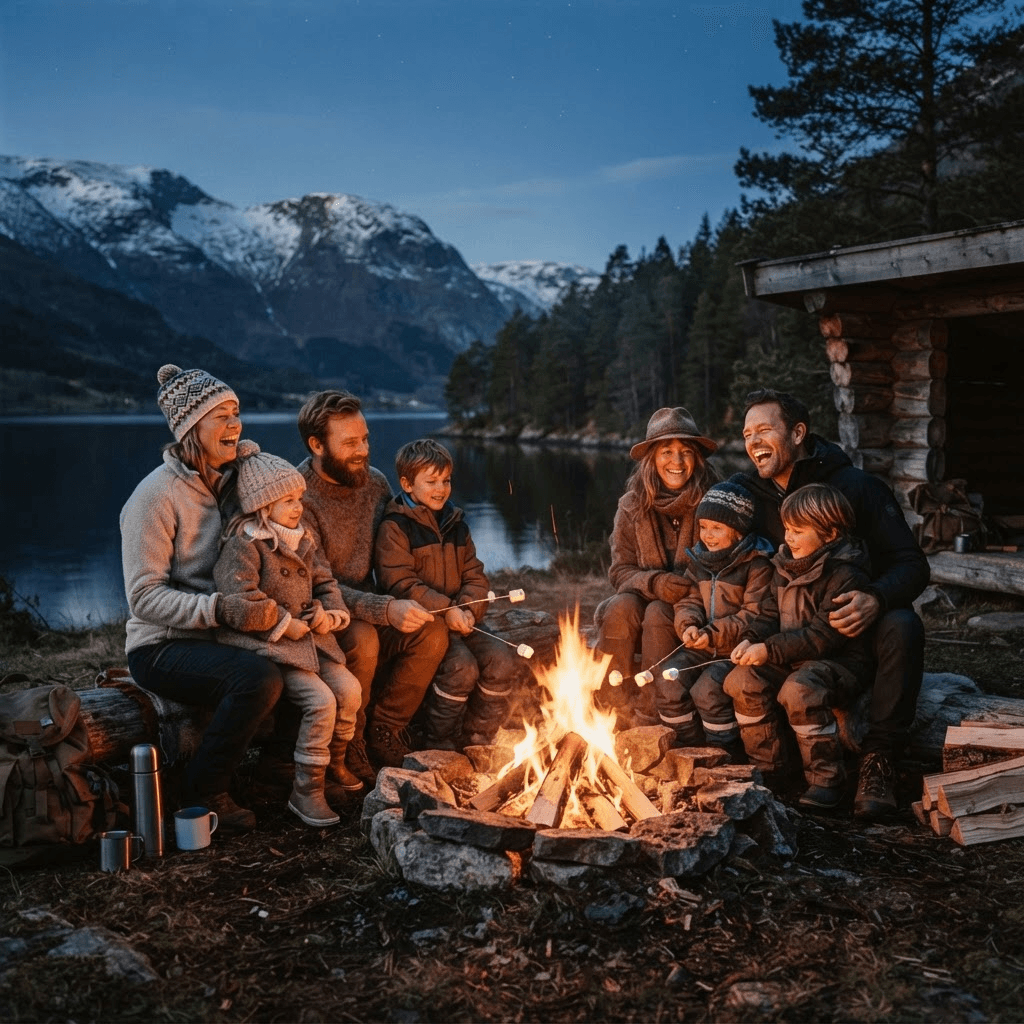 Families gathered around a campfire at dusk