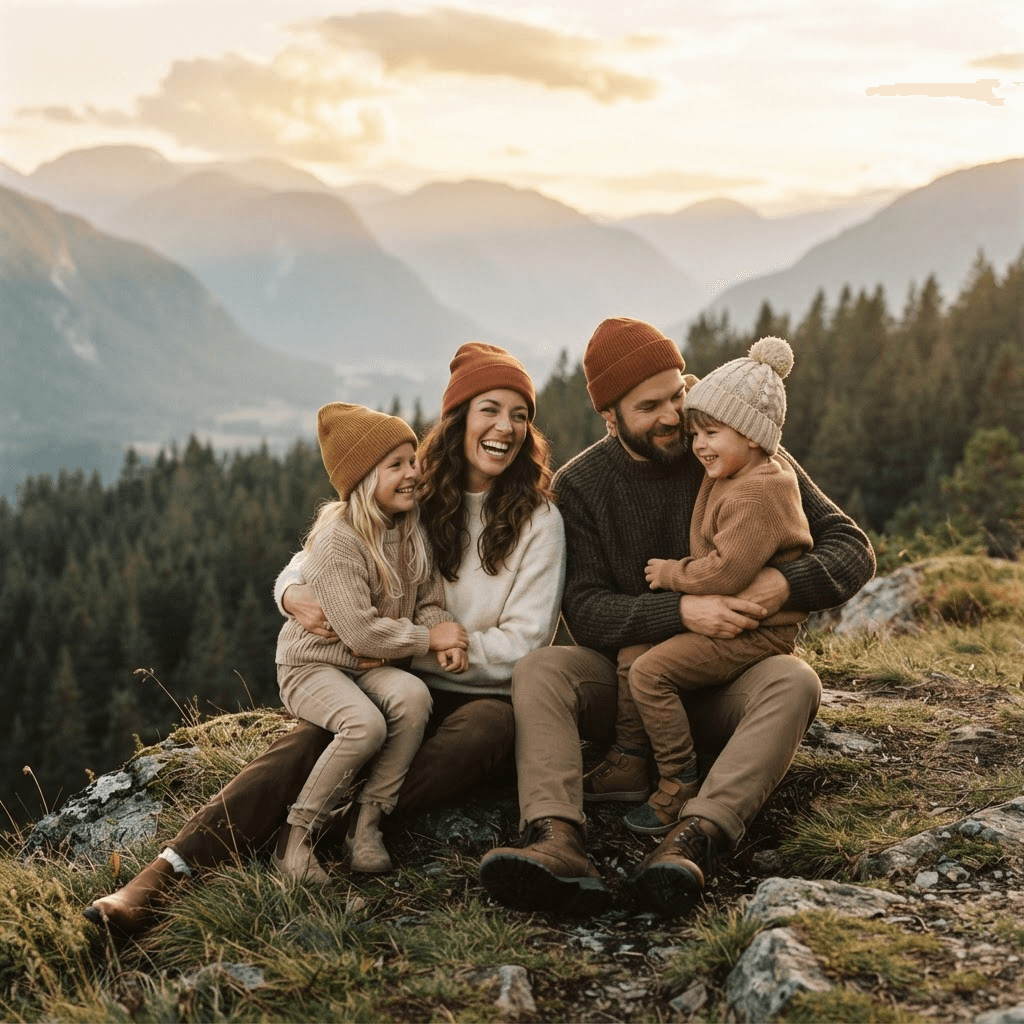 A family of four sharing a warm moment together in the Norwegian mountains
