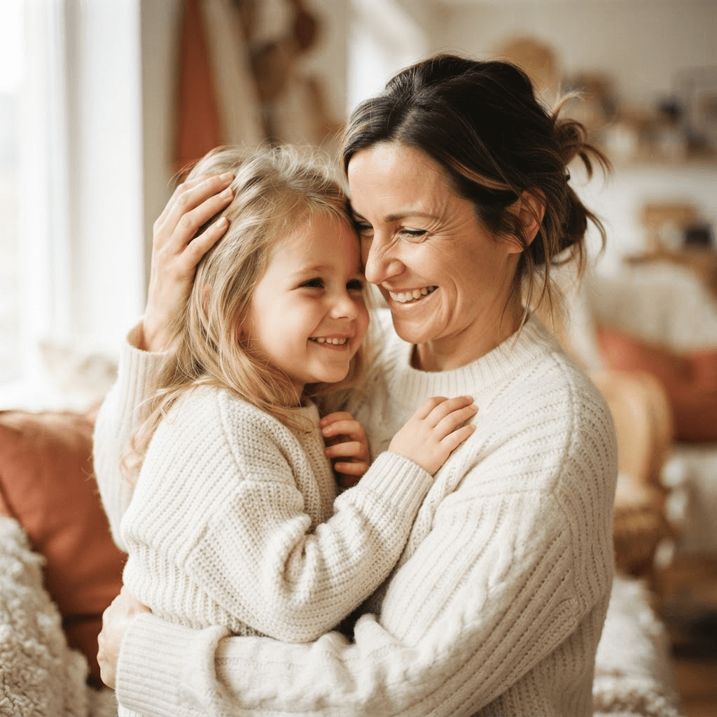 A mother hugging her daughter