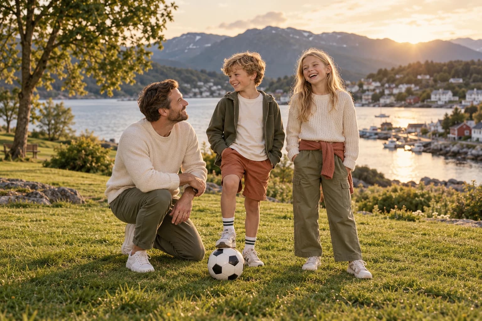 Illustrasjon: en far og barna koser seg med fotball