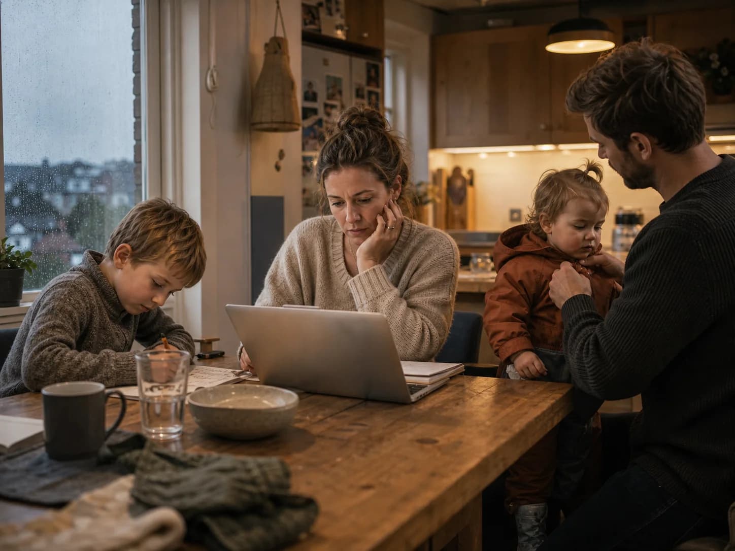 En familie koordinerer en vanlig hverdagsmorgen hjemme