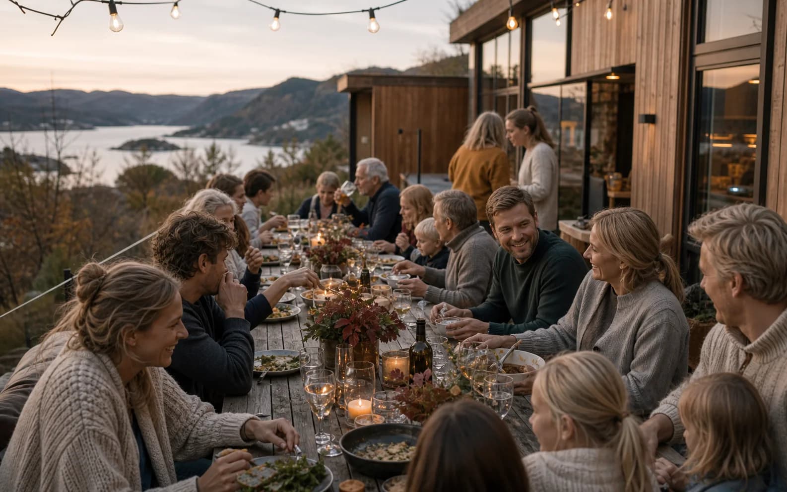Familier og naboer deler et langbord i et norsk lokalsamfunn
