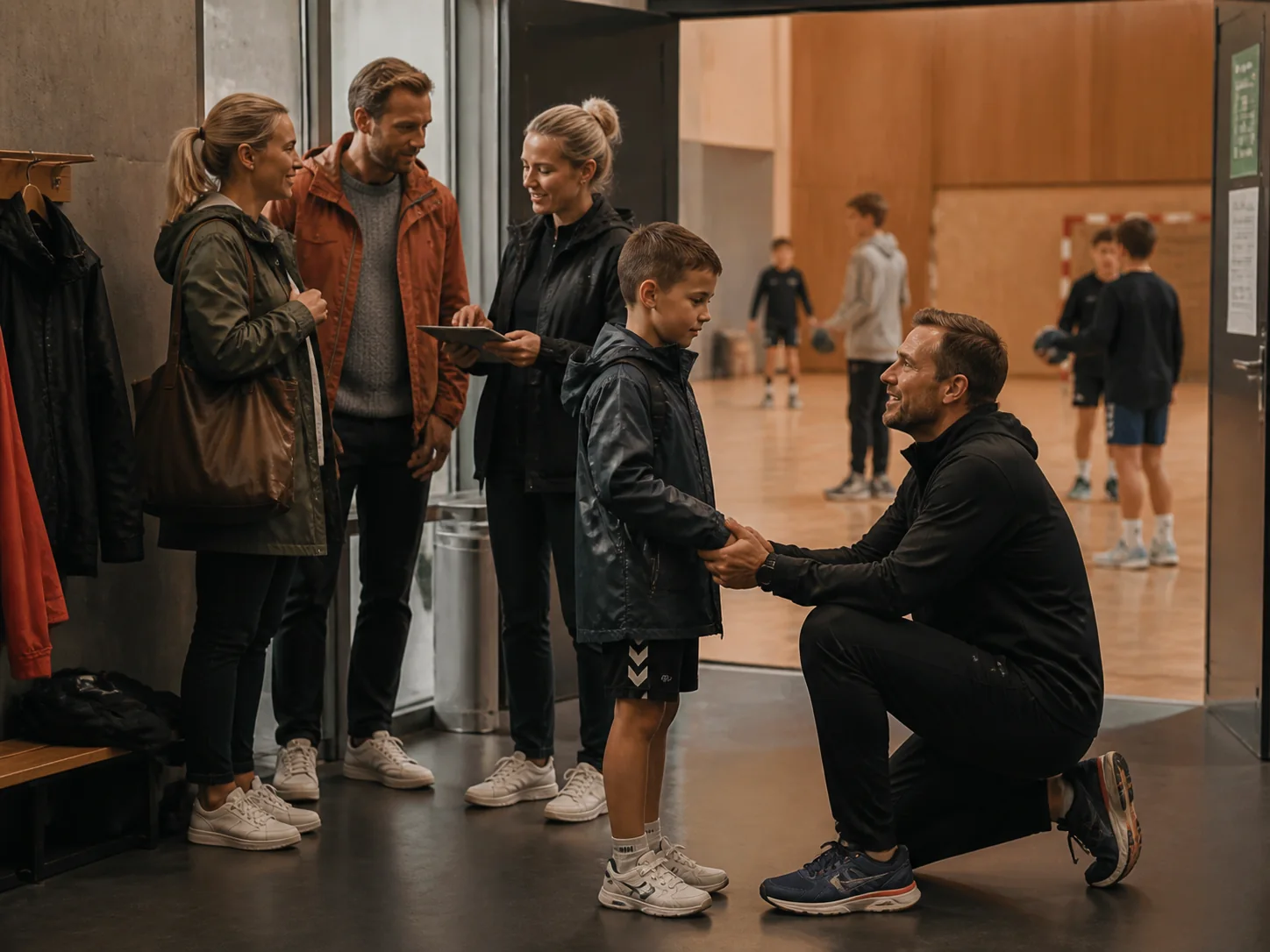 En aktivitetsarrangør tar imot et barn og familien før første økt
